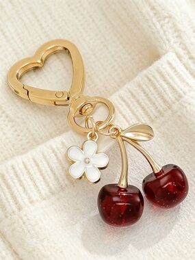 Gold Cherry & White Flower Keychain